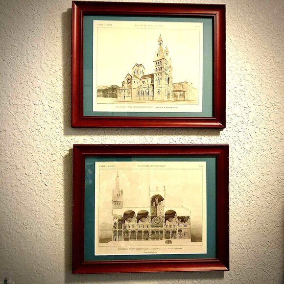 2 Framed ANTIQUE FRENCH ARCHITECTURE PRINTS ChurchSaint Genest-Lerp Loire Valley - Picture 2 of 9